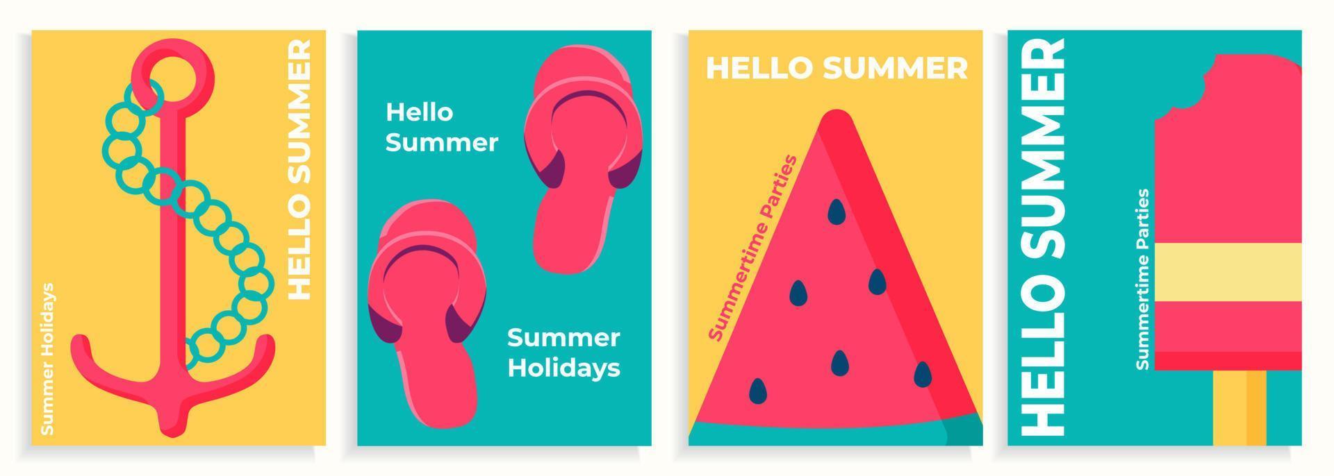 Collection of four summer posters with summertime leisure objects in a flat style, summer brochures, flyers, cards. vector