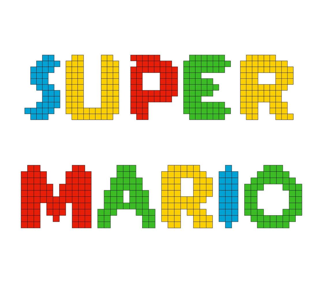 Super Mario Text logo. Pixel arcade game. Vector editorial icons