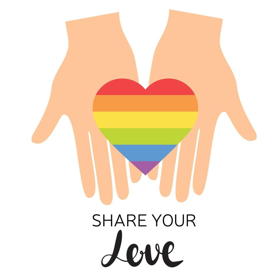 Share your Love text. LGBT Pride Logo. Badge Logo with LGBT Rainbow Illustration. Creative Vector Design Element for Pride Month Logo, Square Banner, Social Media Post Template.