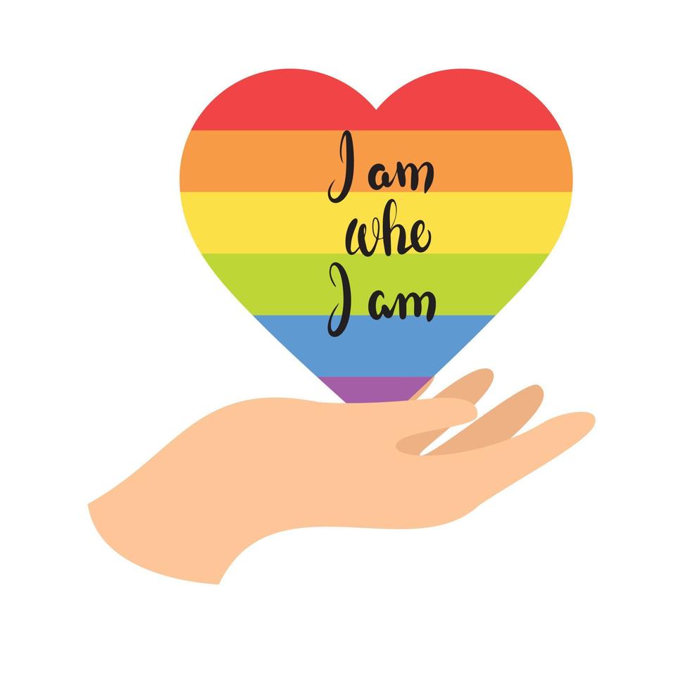I am who I am text. LGBT Pride Logo. Badge Logo with LGBT Rainbow Illustration. Creative Vector Design Element for Pride Month Logo, Square Banner, Social Media Post Template.