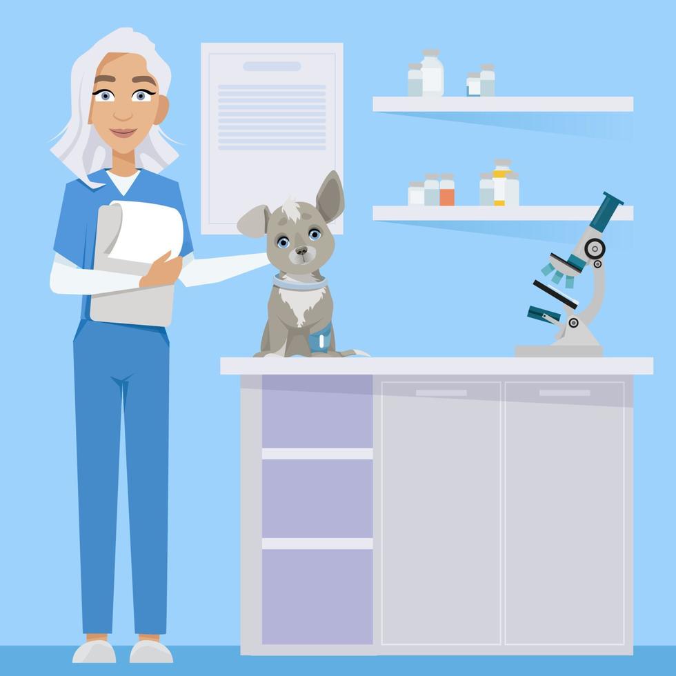 Woman veterinarian with dog in veterinary clinic vector