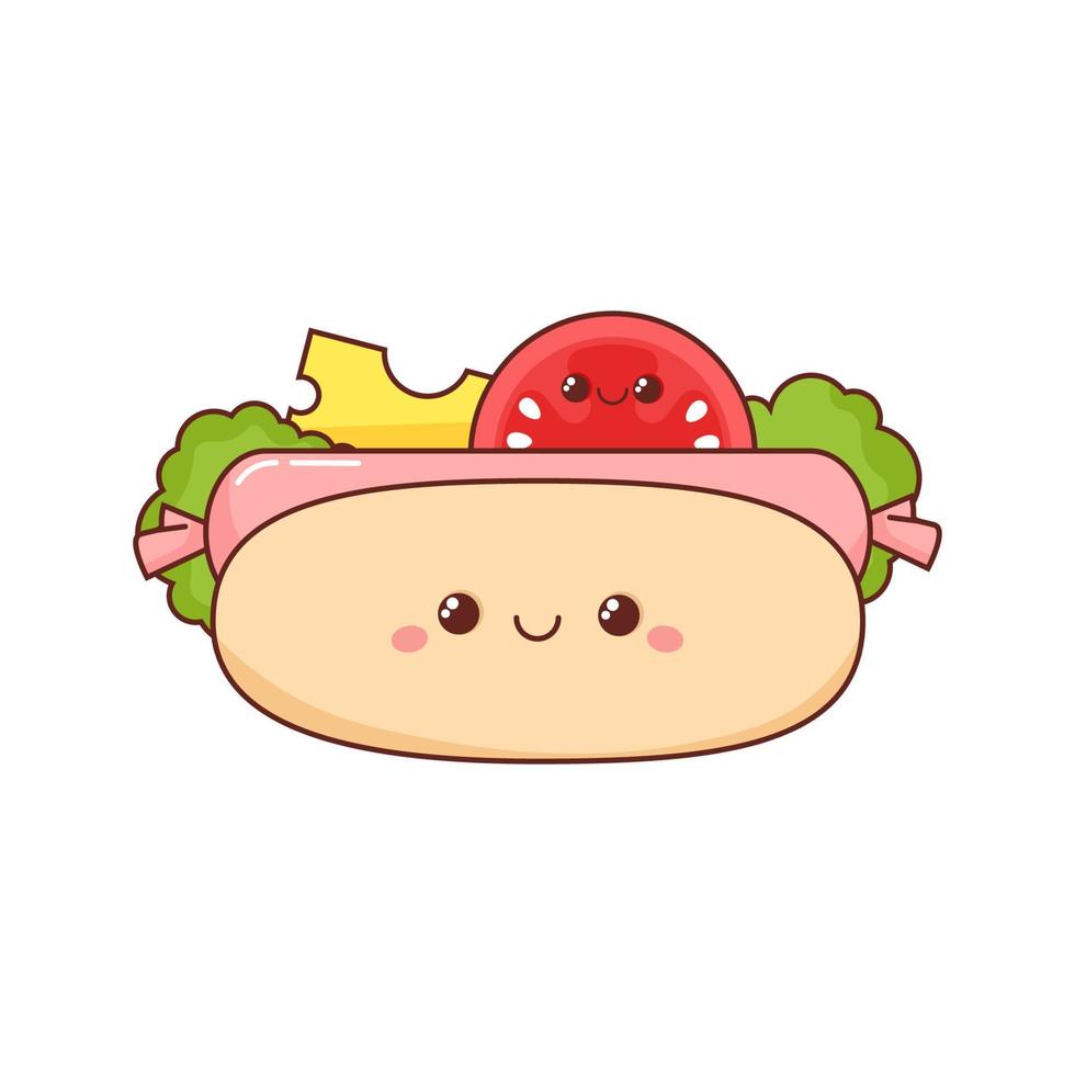 kawaii estilo caliente perro con tomate y lechuga vector