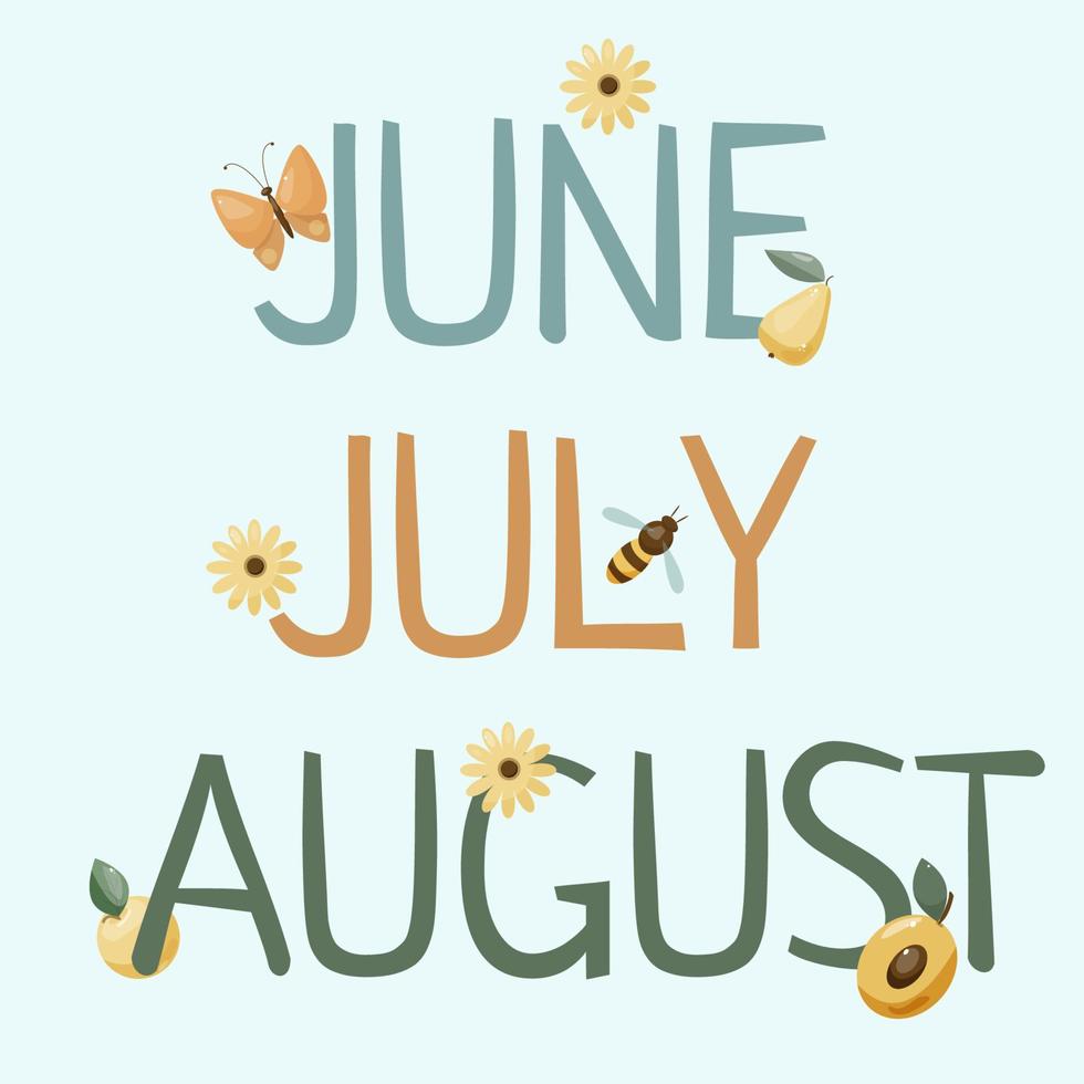 vector set with three summer months and cute  butterflies, flowers and bees