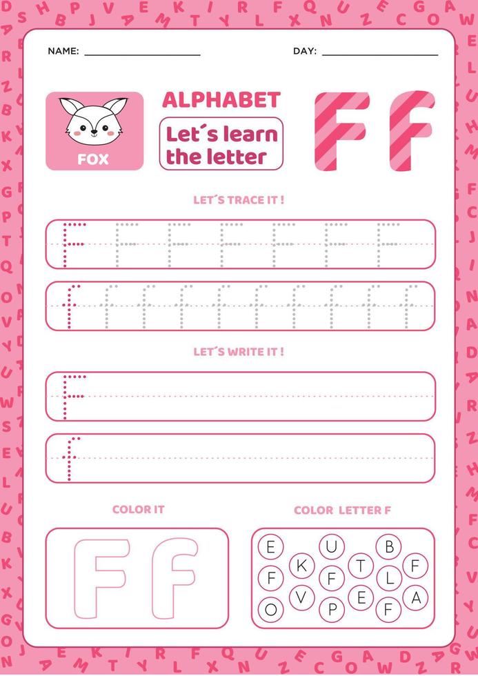 Writing practice letter F. Alphabet worksheets vector