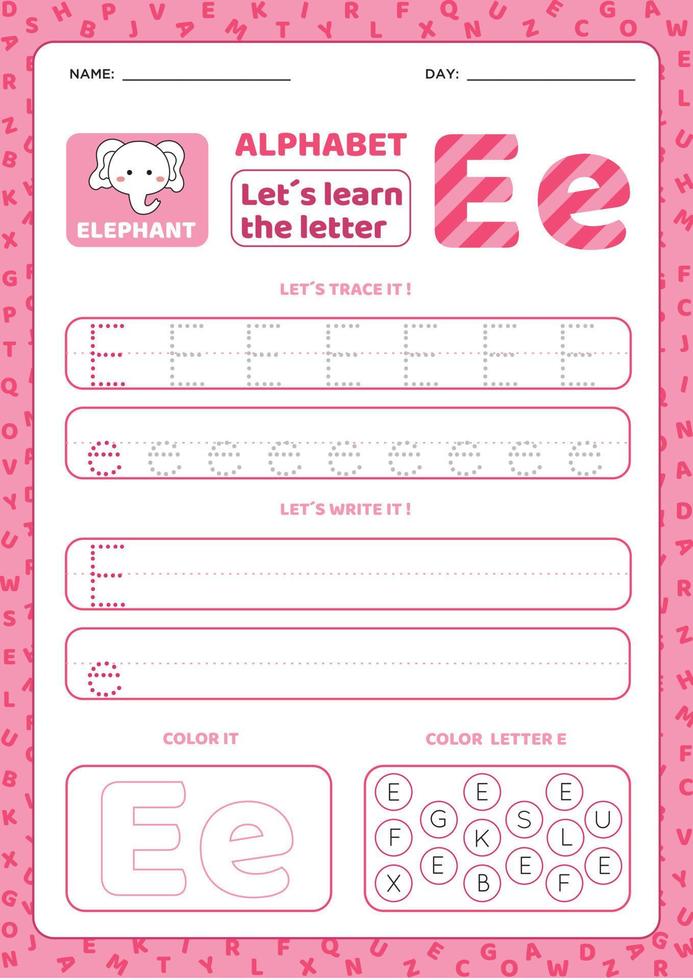 Writing Practice letter E. Alphabet worksheets vector
