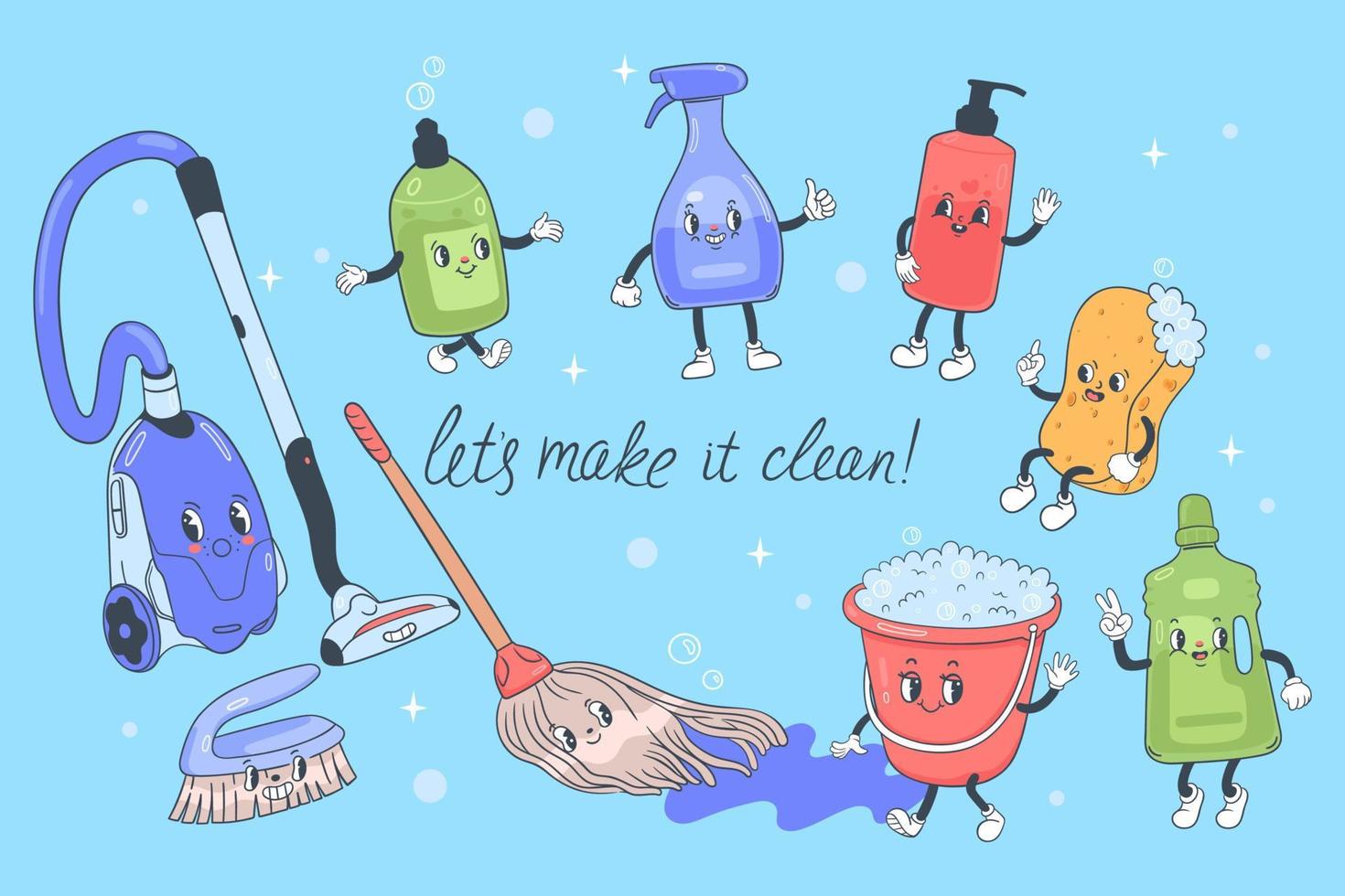 Poster with cleaning characters in grove style. Vector graphics.