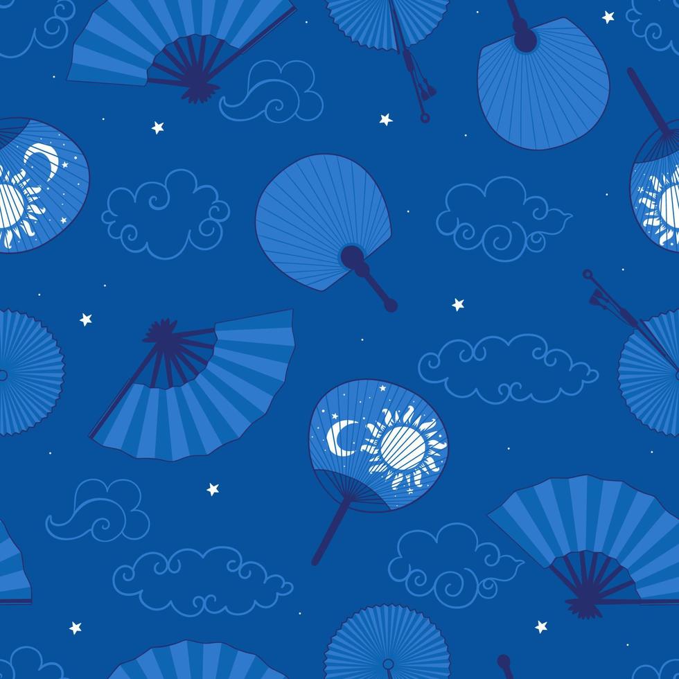 Seamless pattern with hand fans in blue colors. Vector graphics.