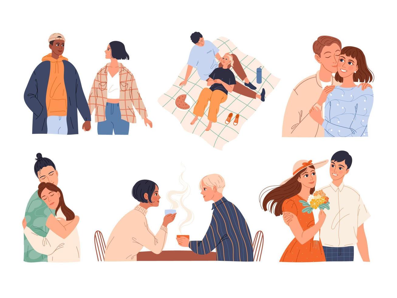 Set of people in love in various dating situations. vector