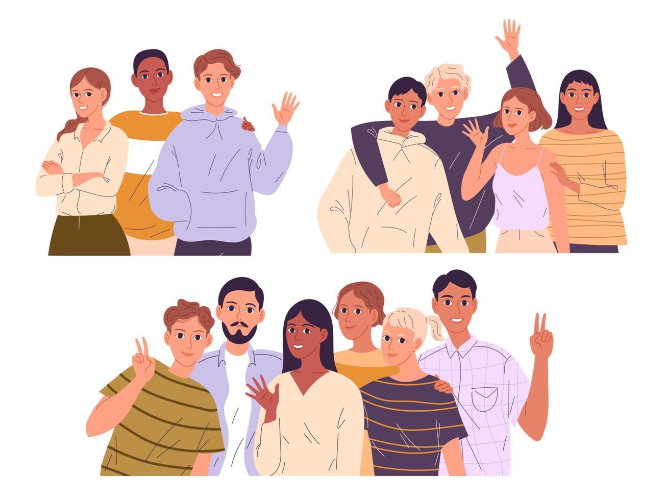 Groups of happy young people hugging, waving their arms in greeting. vector