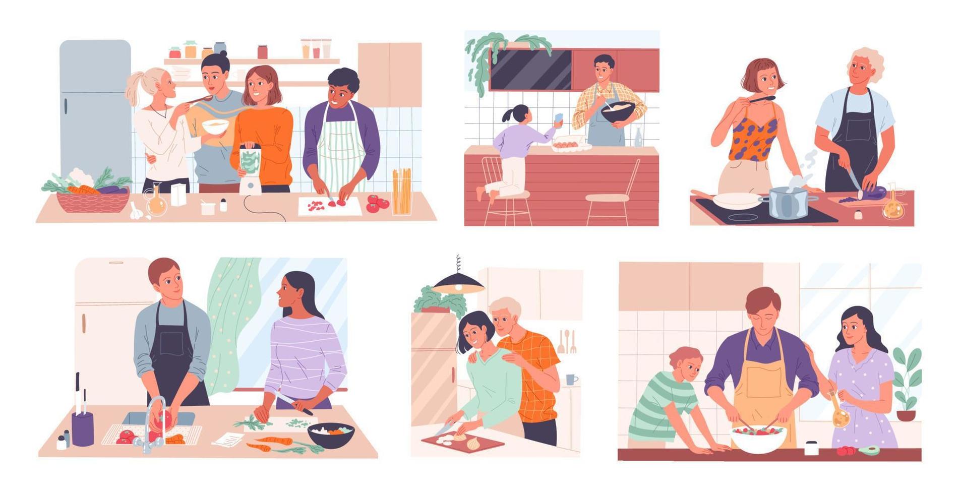 Set of scenes with people cooking food. vector