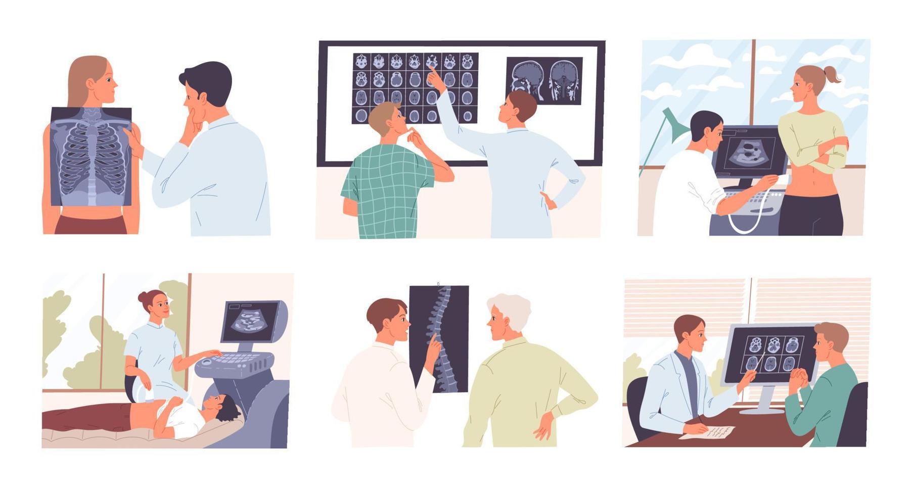 Patients at doctors appointments, medical examinations at the hospital. vector