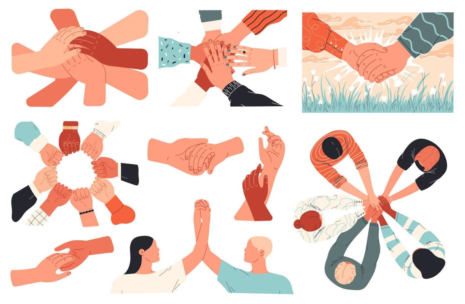 Set of hands. People unite, support each other. vector