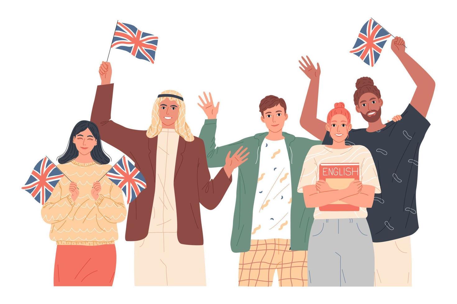 grupo de personas participación el británico banderas aprender Inglés vector