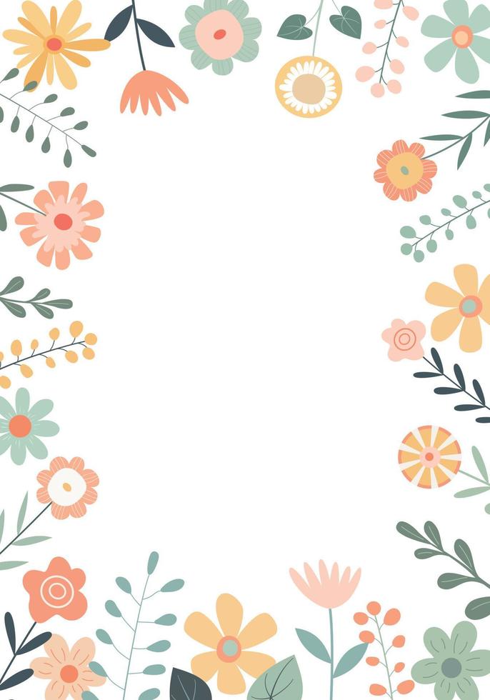 Beautiful summer pastel border frame with flowers and leaves. Isolated on white background. Template for flyer, invitation card. vector