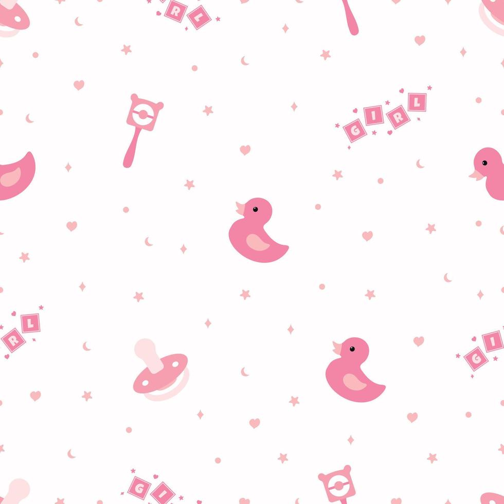 álbum de recortes sin costura antecedentes. rosado bebé ducha patrones. linda impresión con pato, chupete y traqueteo vector