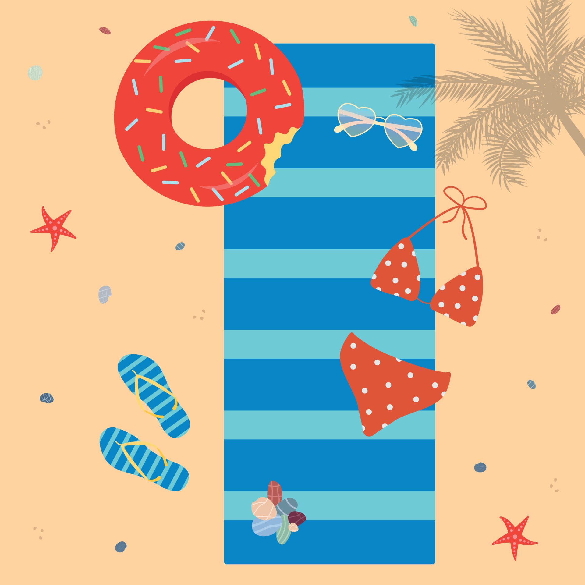 Beach towel and beach accessories. Vector flat summer illustration