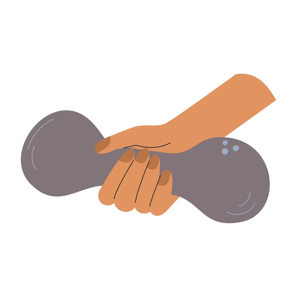 Clipart of human hand holding dumbbell. Sport concept. Sports equipment. Vector stock illustration isolated on white background