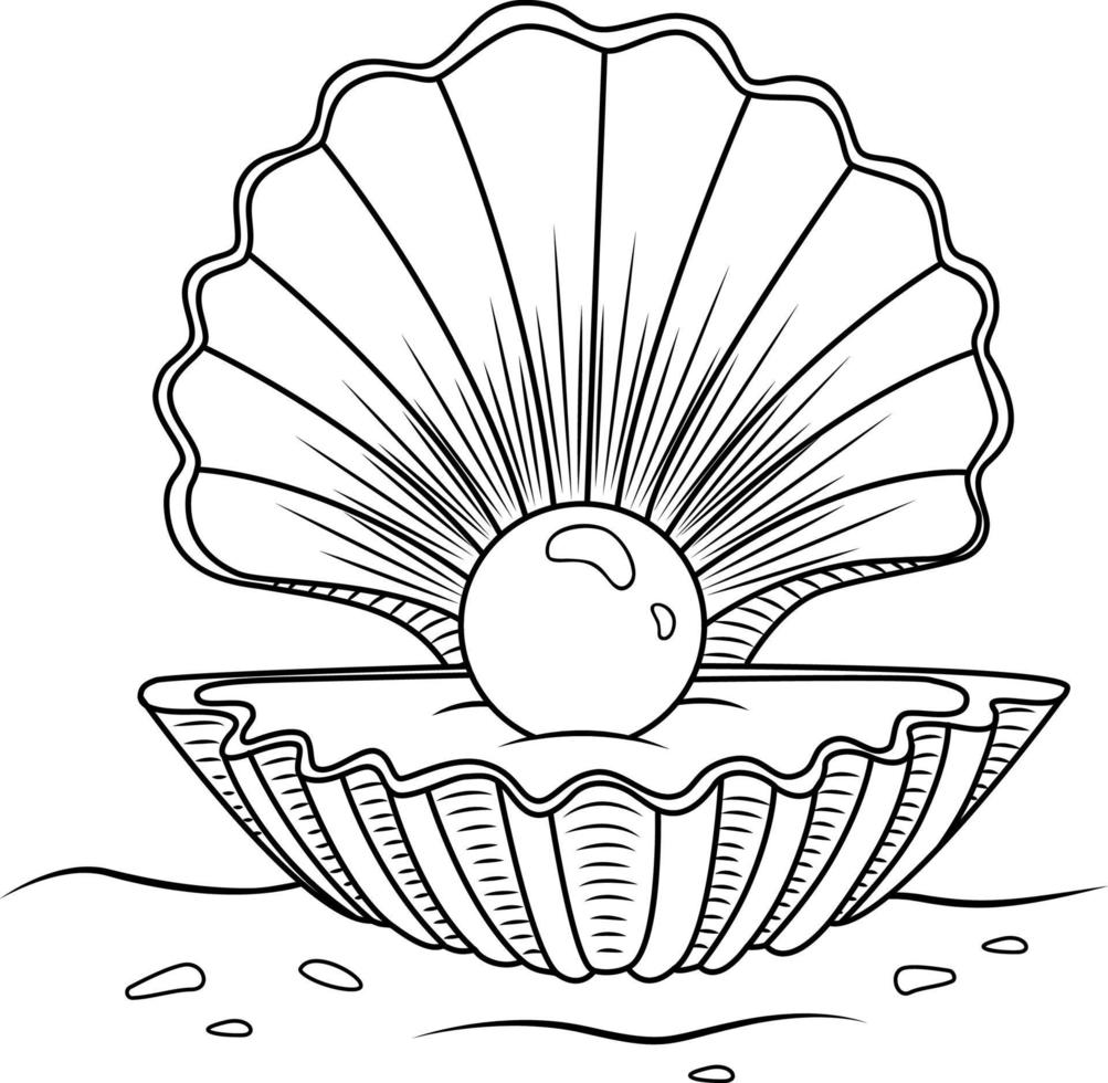 Vector illustration of a scallop. A hand-drawn cartoon scallop. Vector black and white drawing.