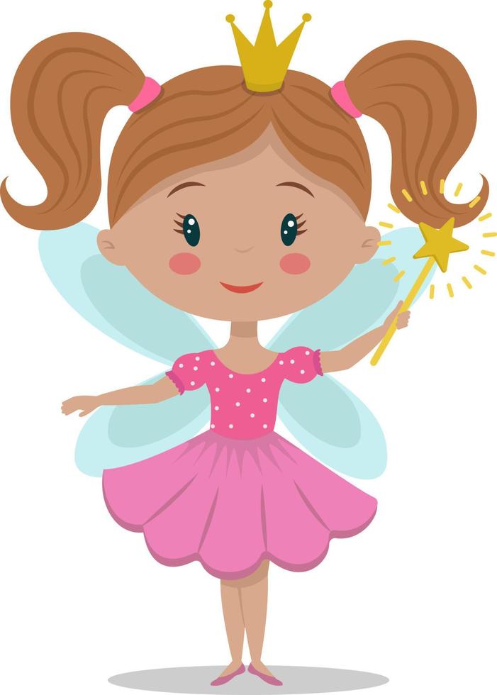 A cute little fairy with a crown and wings. Funny cartoon character tooth fairy in a pink dress. Stock vector illustration isolated on a white background