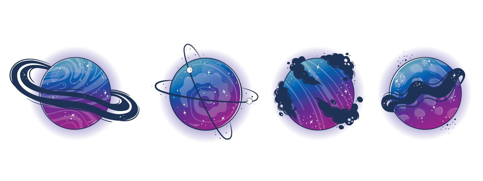 colección de fantástico extraterrestre planetas, lunas y lunas, mágico fantasía mundo, espacio objetos en degradado colores con burbujas, anillos para personalizado espacio juego. magia vistoso universo vector