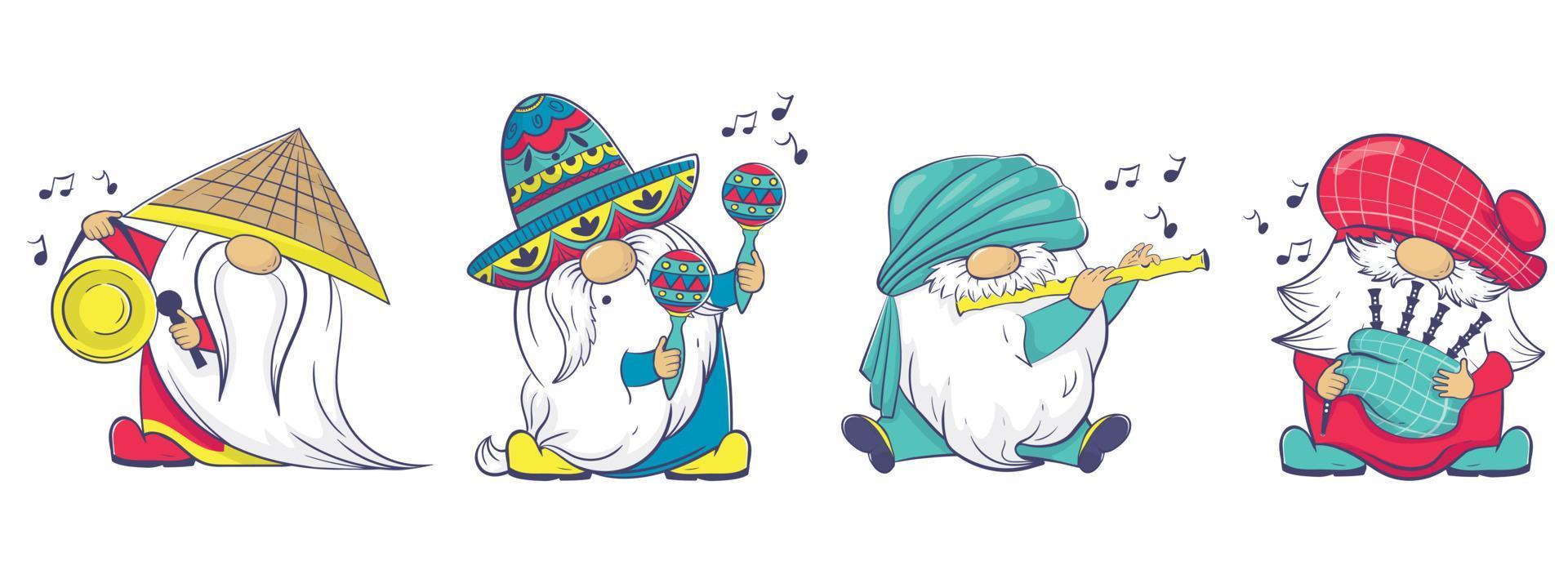 The International Gnome Band clipart.  Musical Gnomes in National Costumes vector