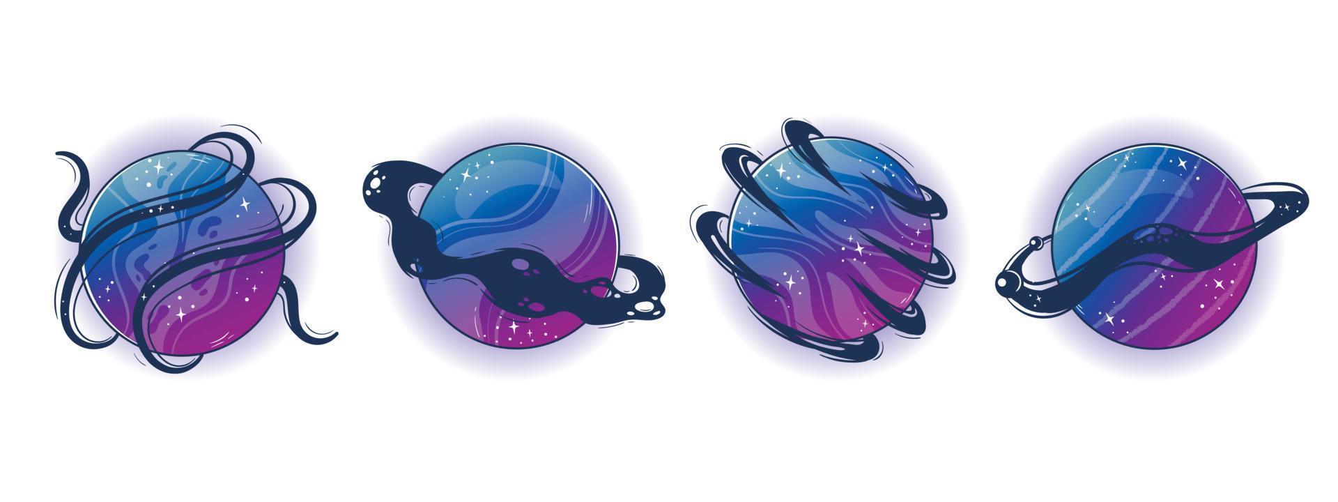 colección de fantástico extraterrestre planetas, lunas y lunas, mágico fantasía mundo, espacio objetos en degradado colores con burbujas, anillos para personalizado espacio juego. magia vistoso universo vector