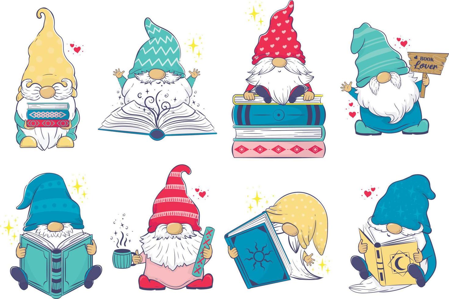 Clipart collection with Cute cartoon gnomes with books. vector