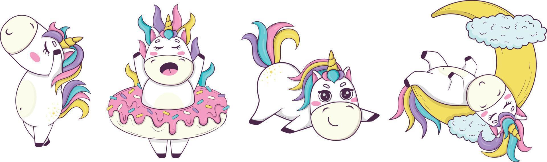Set of funny kawaii unicorns in anime style for kids product design vector