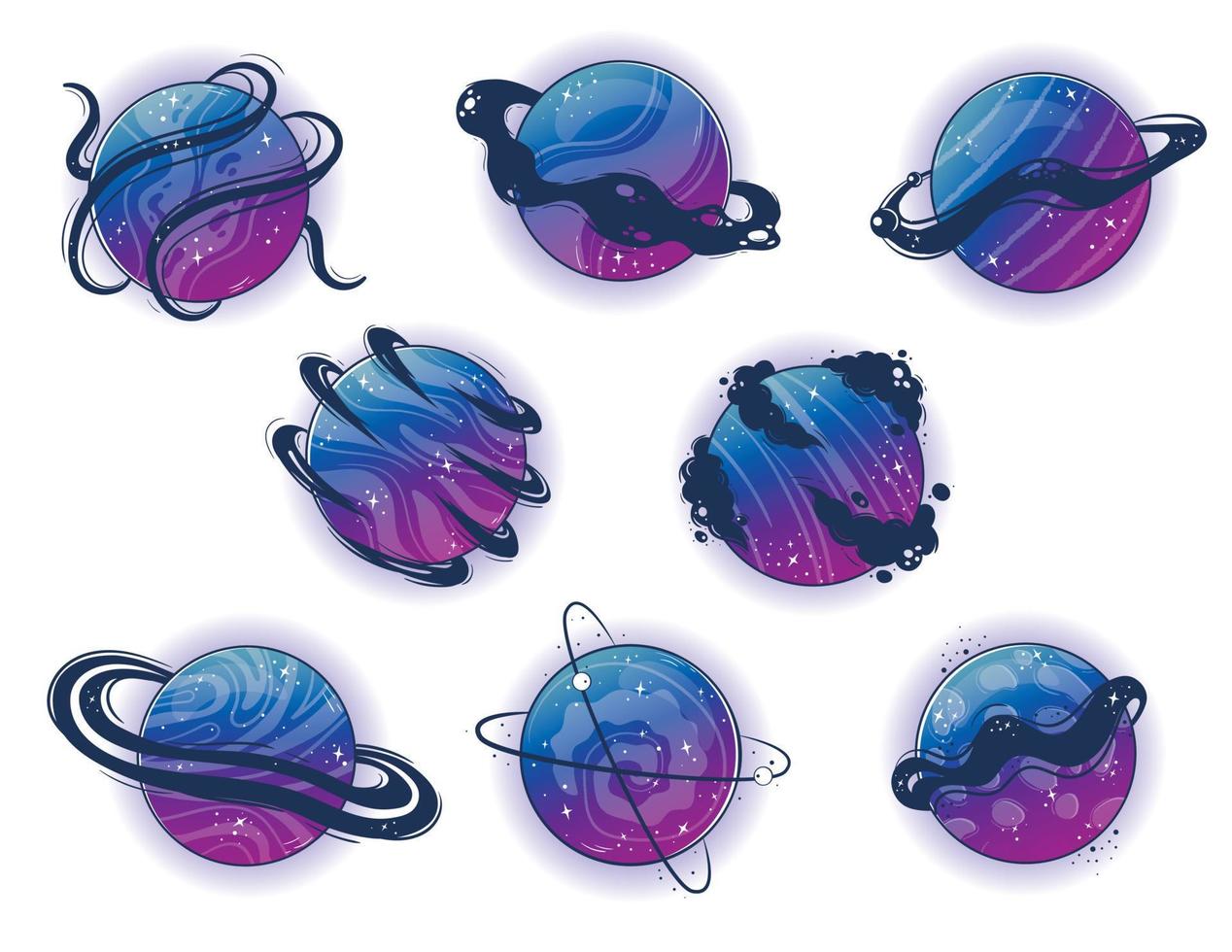 colección de fantástico extraterrestre planetas, lunas y lunas, mágico fantasía mundo, espacio objetos en degradado colores con burbujas, anillos para personalizado espacio juego. magia vistoso universo vector