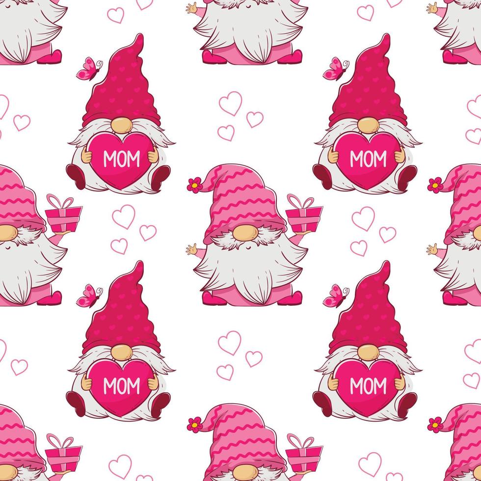 pattern with cartoon pink gnomes with hearts and gifts for Valentine's Day and Mother's Day vector