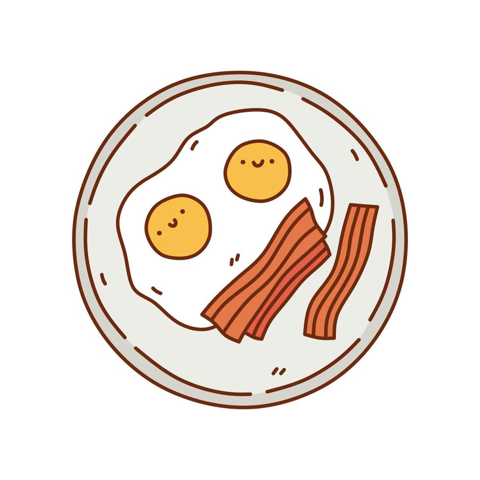 Cute fried eggs with bacon on a plate isolated on white background. Vector hand-drawn illustration in kawaii doodle style. Perfect for various designs, cards, decorations, logo, menu, recipes.