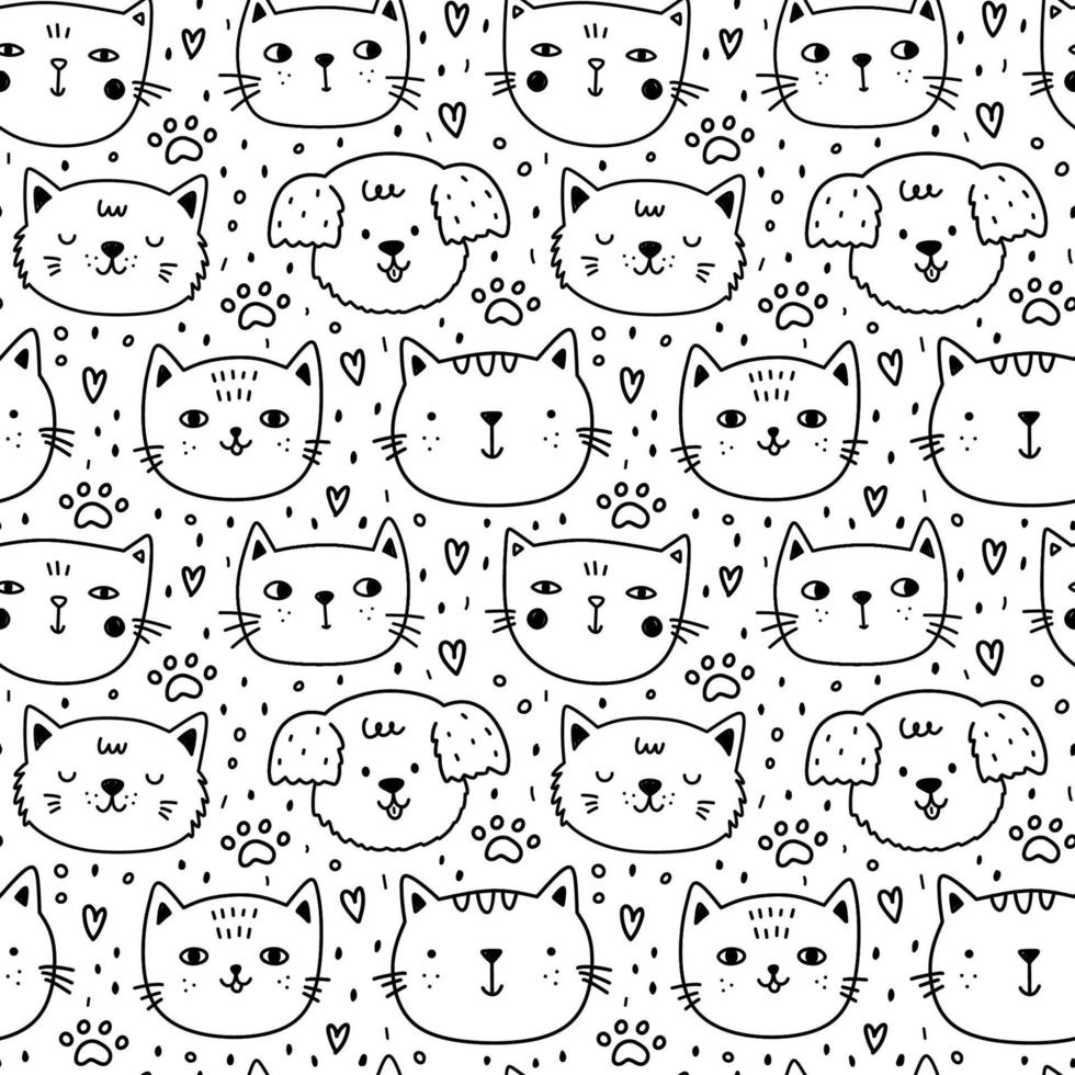 Cute seamless pattern with cats and dogs on white background. Vector hand-drawn illustration in doodle style. Perfect for print, decorations, wrapping paper, wallpaper.