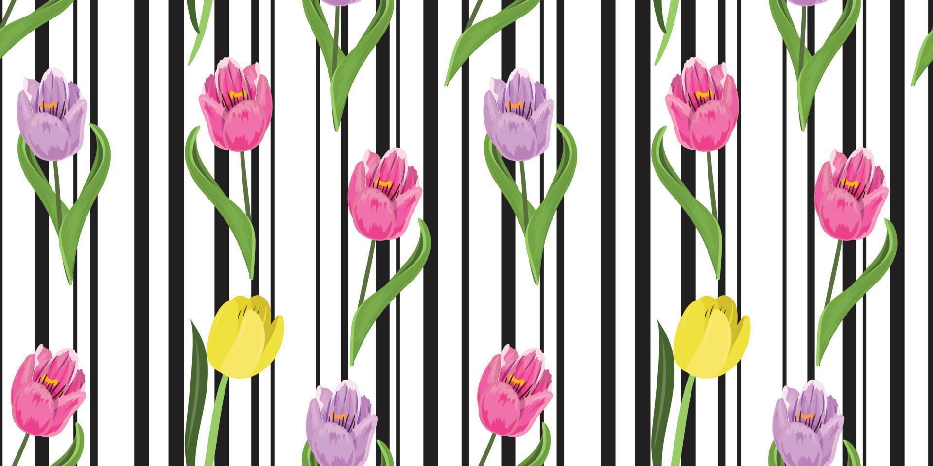 Floral seamless pattern with pink, purple and yellow tulips and lines on the background. vector