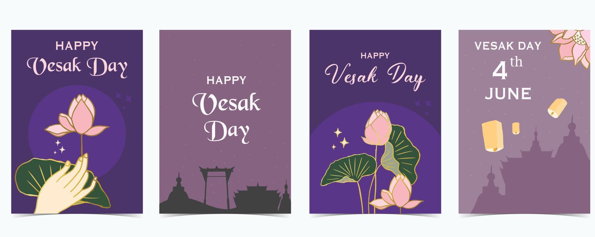 happy vesak day background with lotus and temple vector