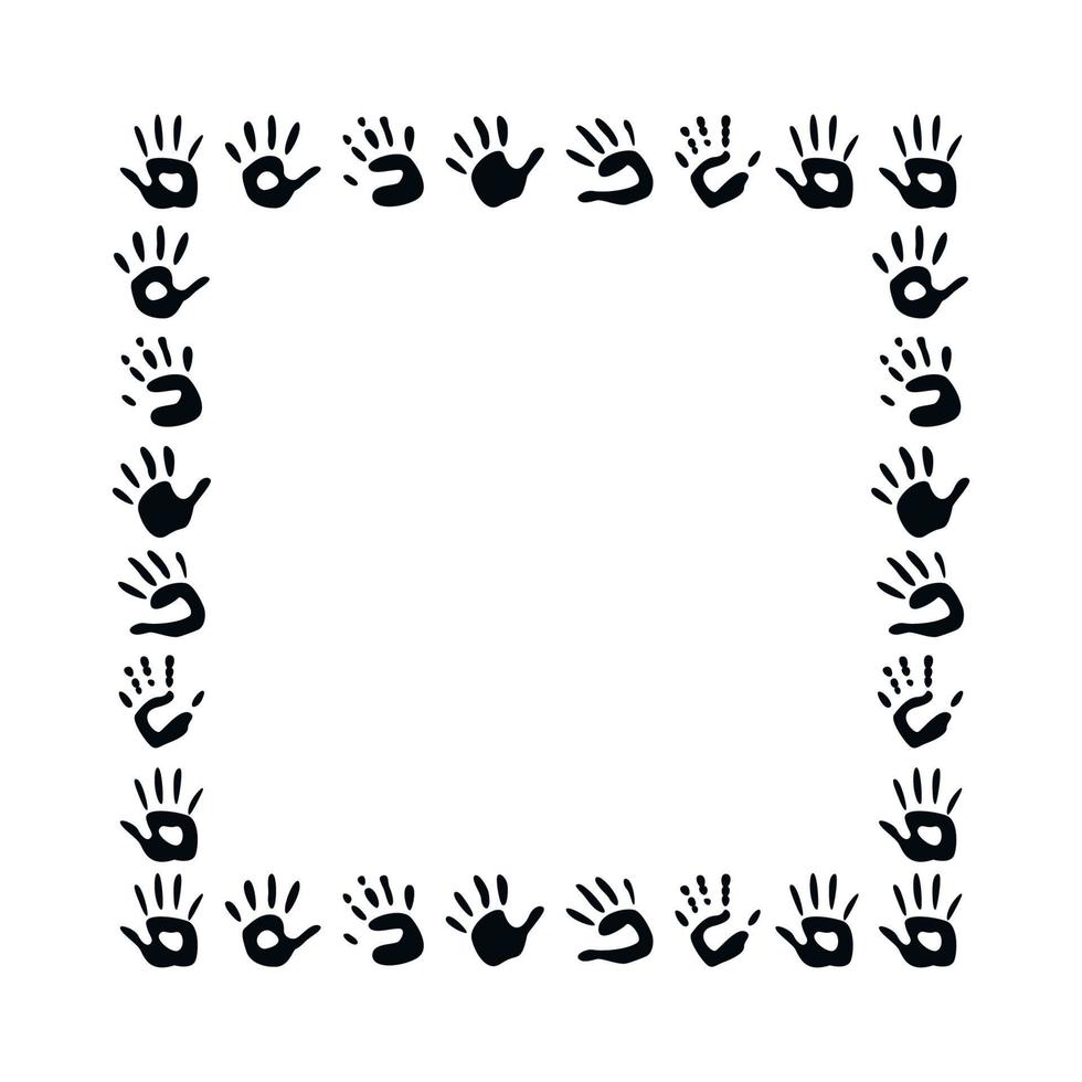 Flat vector painting tools in childish style. Hand drawn square frame of palm prints