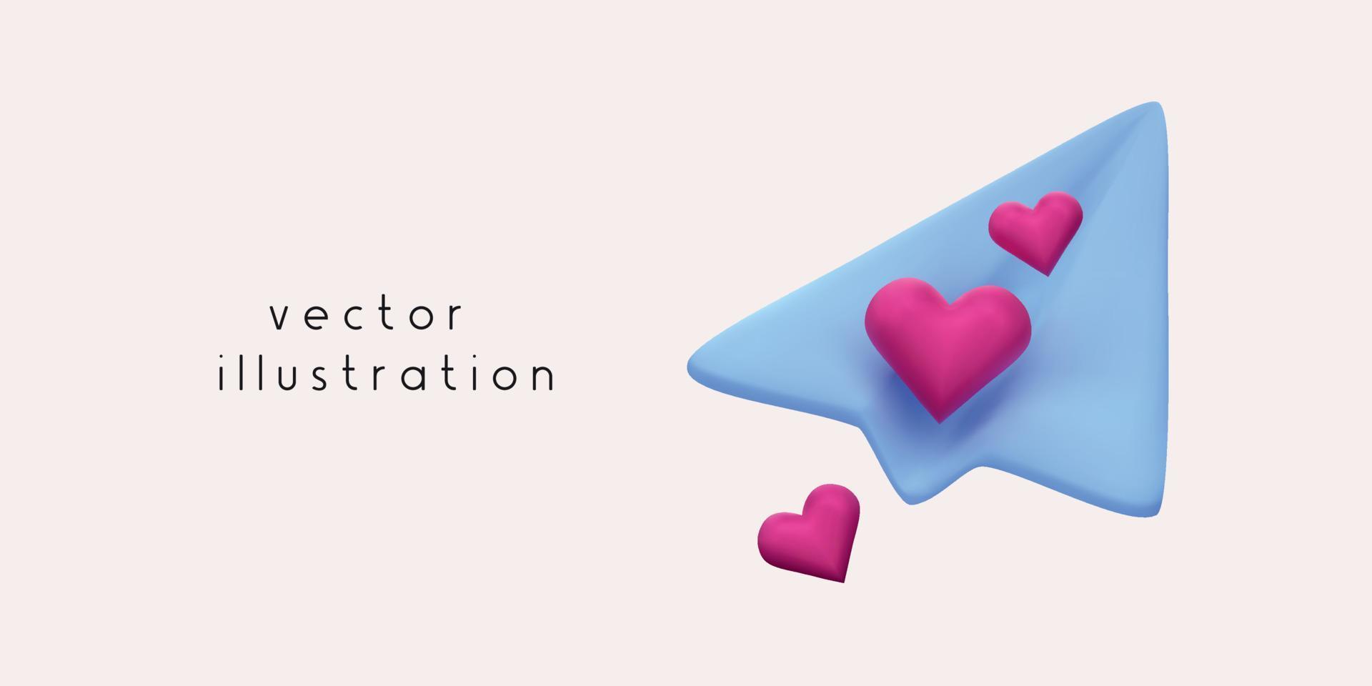 Cartoon 3D paper plane for web design. Love delivery illustration. Vector 3D render of romantic paper plane