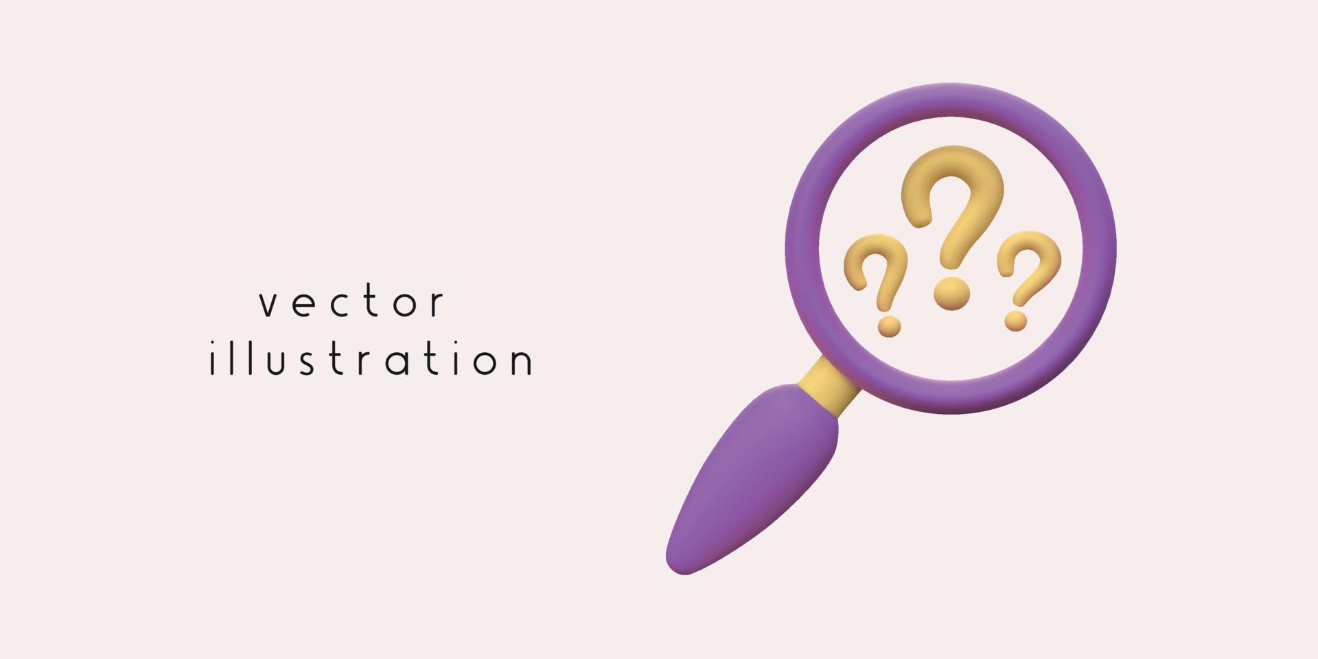 Vector 3D illustration of a magnifying glass with question marks. Feedback 3D render