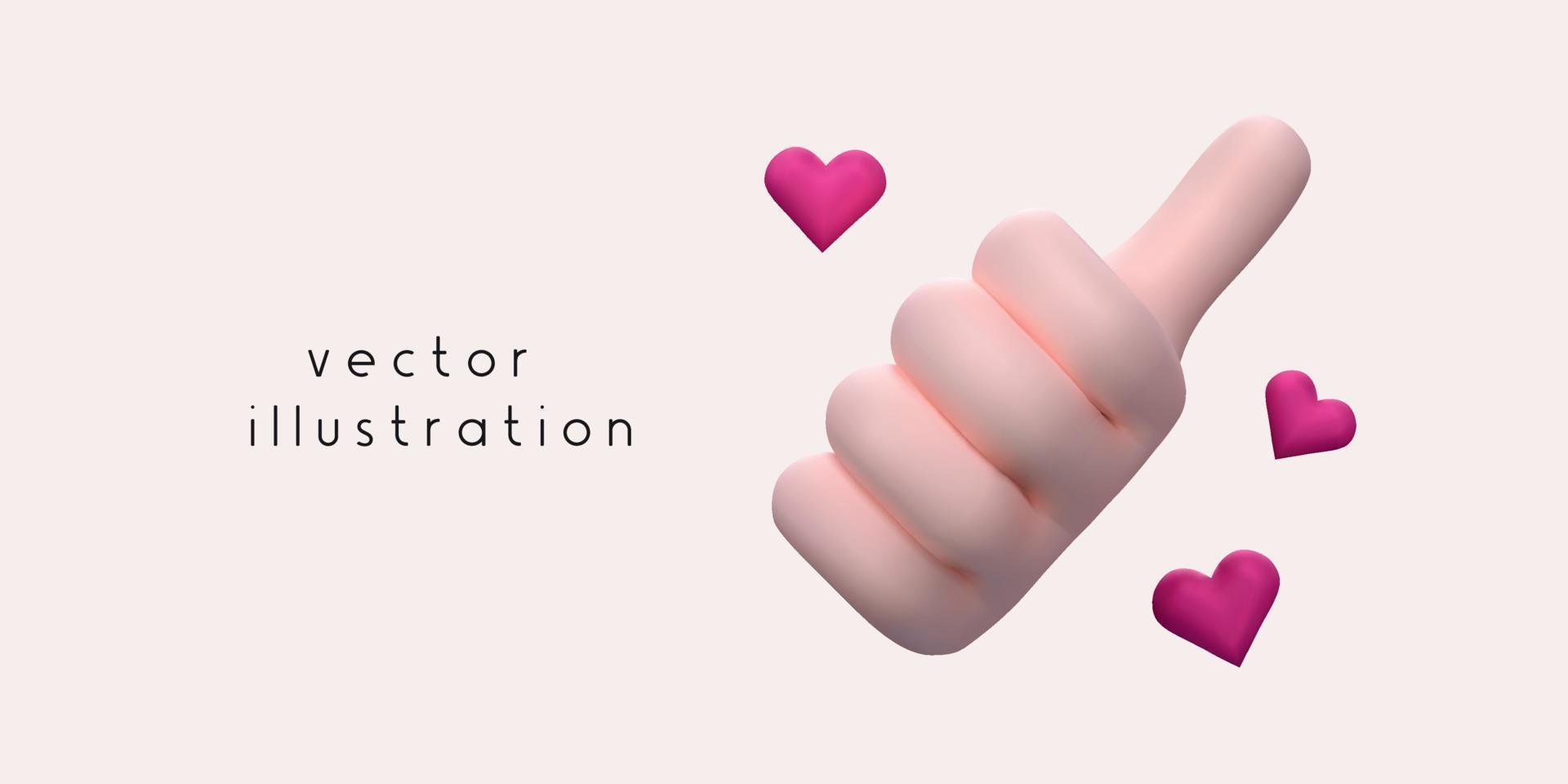 3D render of thumbs up with hearts. Vector cartoon hand in plastic style.