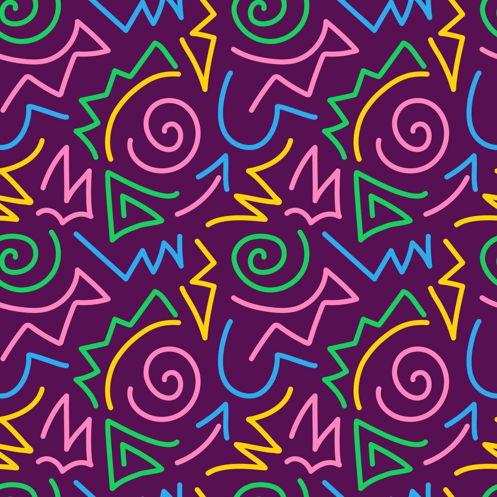Seamless pattern squiggle scribble in 90s style. Bright colorful abstract doodle design with spiral, rounded shapes, curly, geometric line. For textiles, fabrics, wallpaper, wrapping, backdrop, paper vector