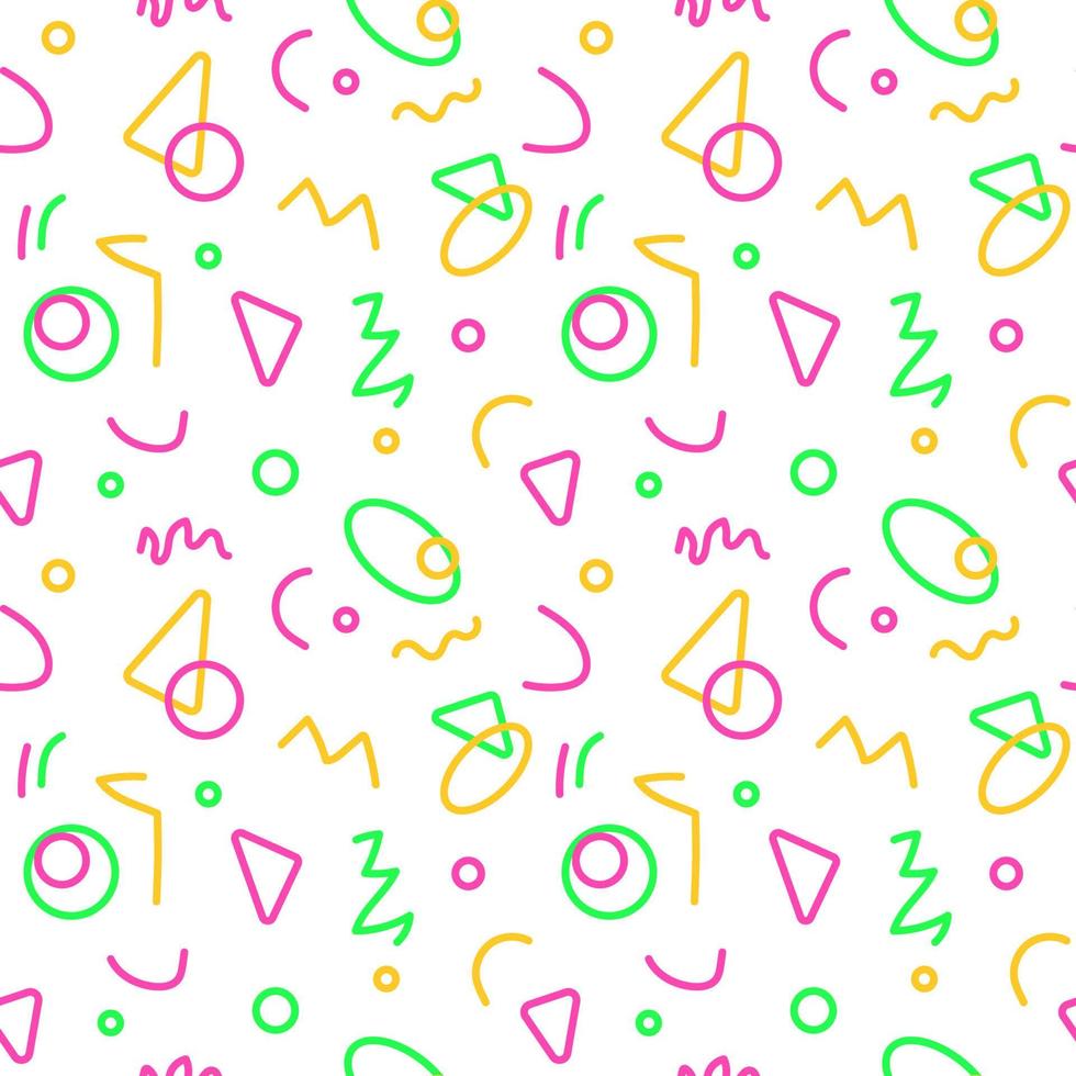 Seamless pattern squiggle scribble in 90s style. Fun colorful line doodle for children. Creative abstract design with basic shapes. Great for textile, fabric, wallpaper, wrapping, background, paper vector