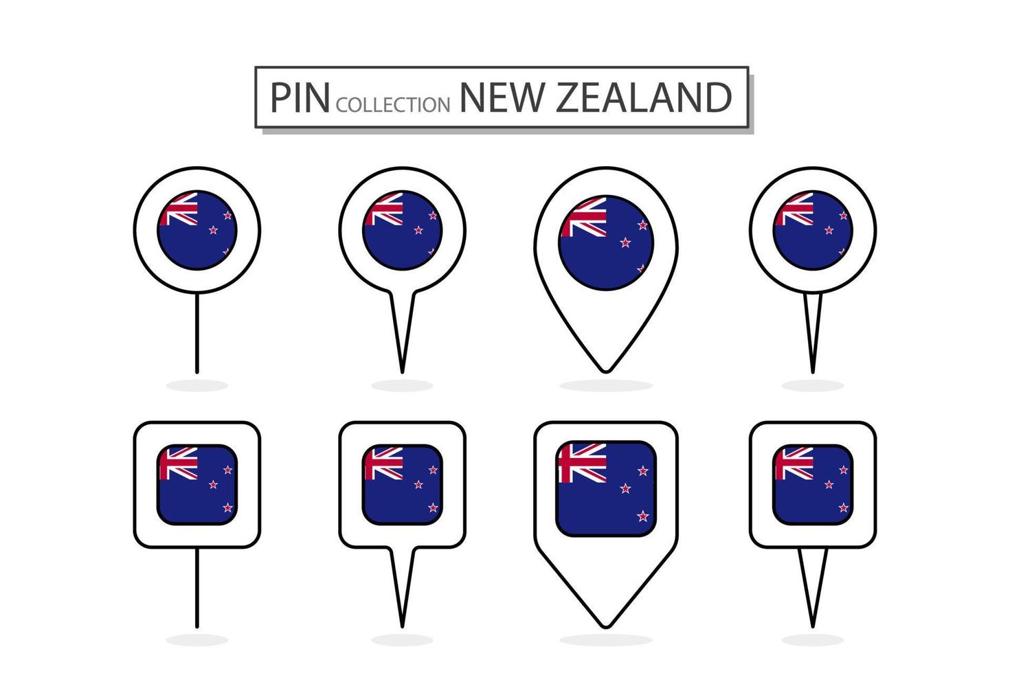 Set of flat pin New Zealand flag  icon in diverse shapes flat pin icon Illustration Design. vector