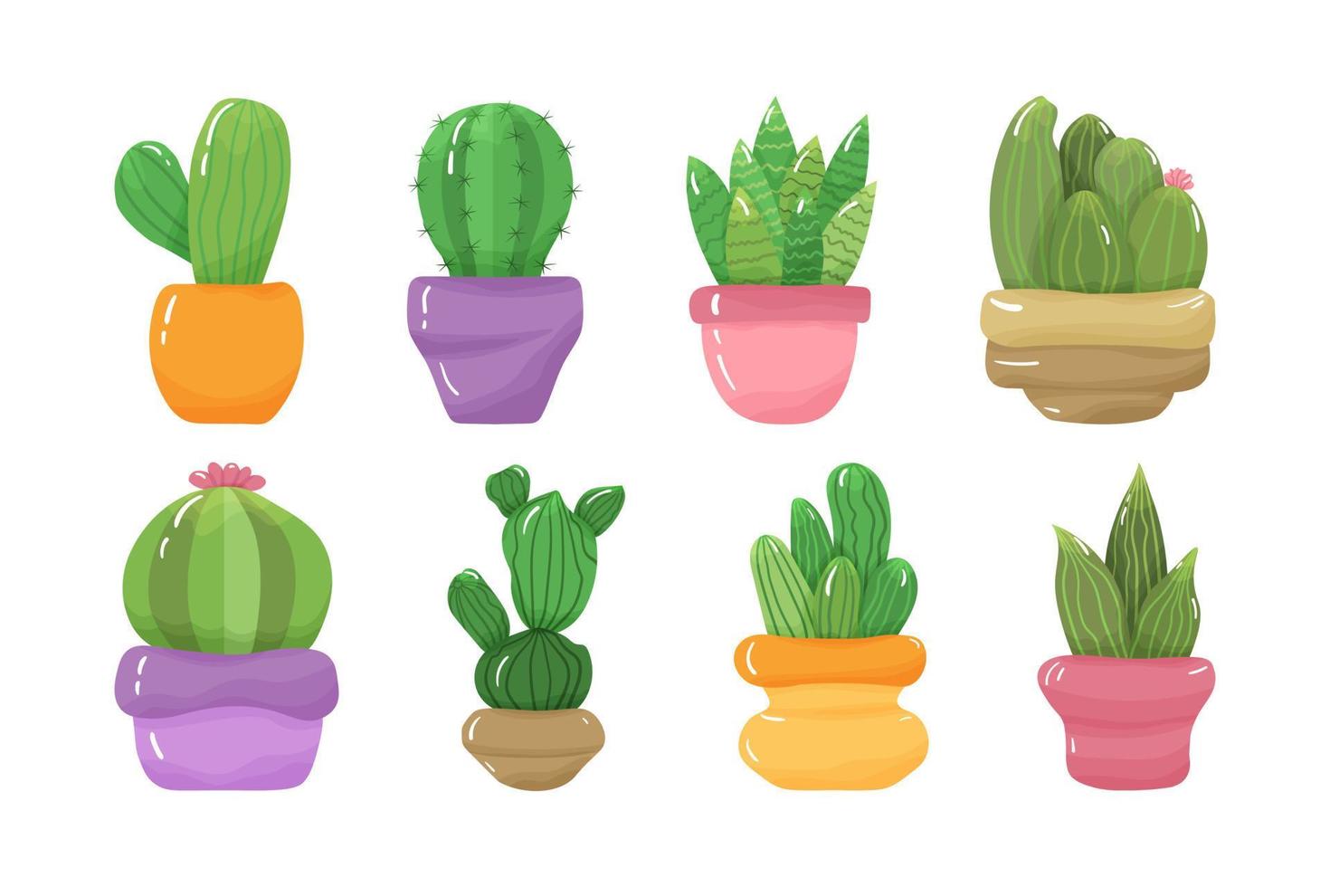 Set of cartoon green prickly cute cacti and succulents with blossoms and spikes in colorful pots. Design elements of houseplants, green cactus. Isolated on white background. vector