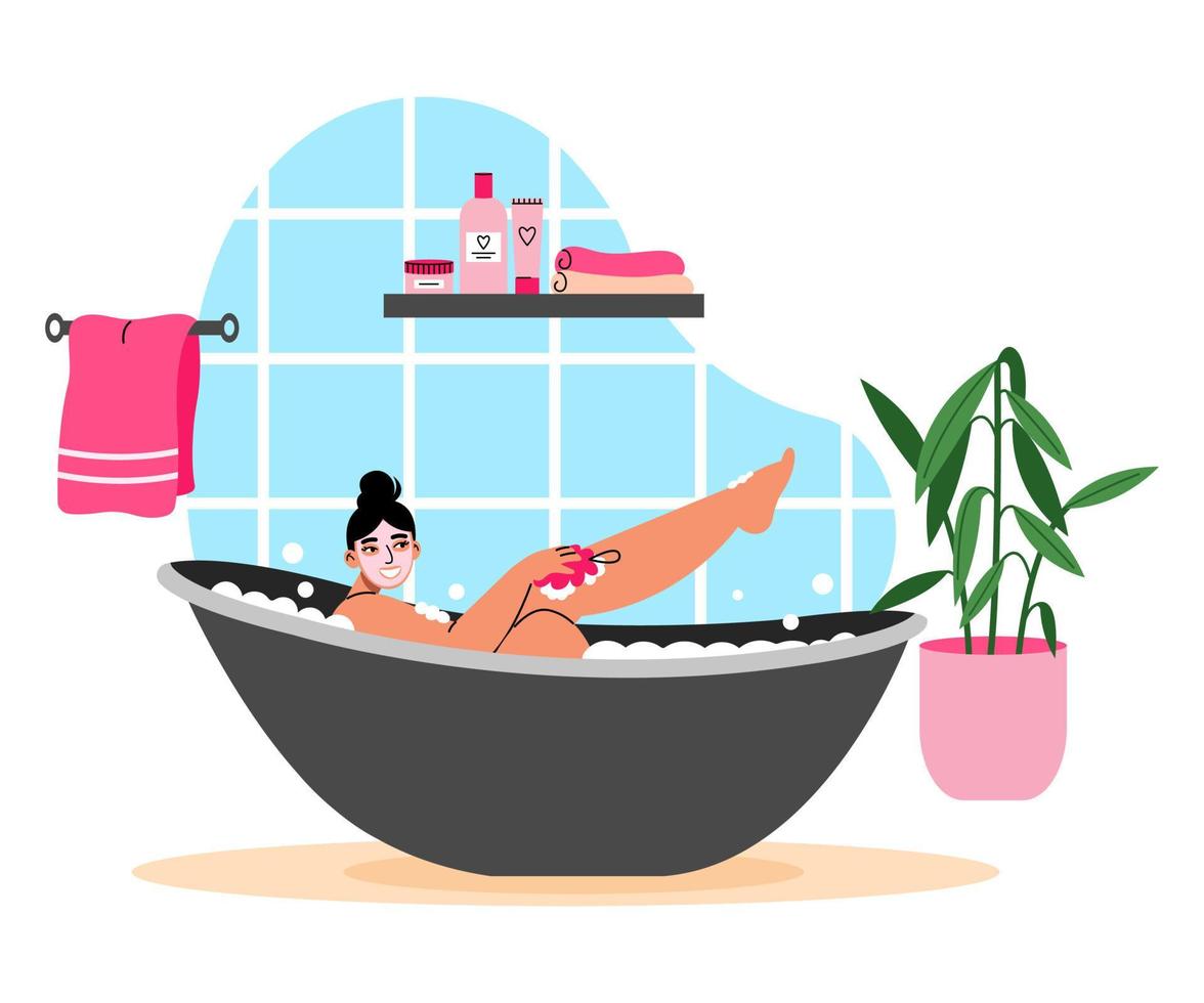 Young woman with facial mask taking bath with soap foam, bubbles. Beauty and body care routine. Design bathroom interior. Flat vector illustration on white background.