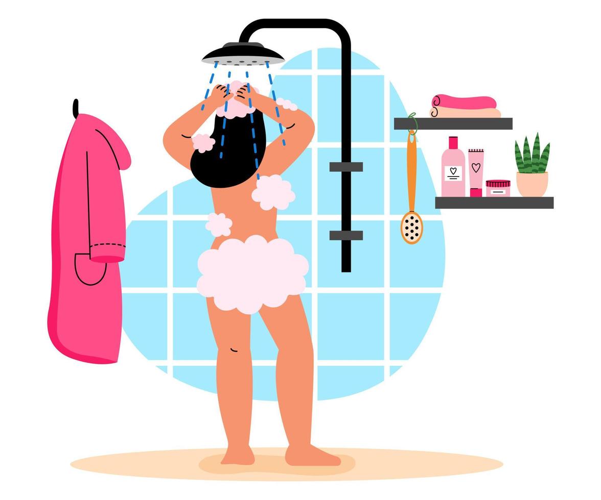 Young woman taking shower. Girl foaming shampoo on her hair. Body care and everyday routine concept. Design bathroom interior. Flat vector illustration on white background.