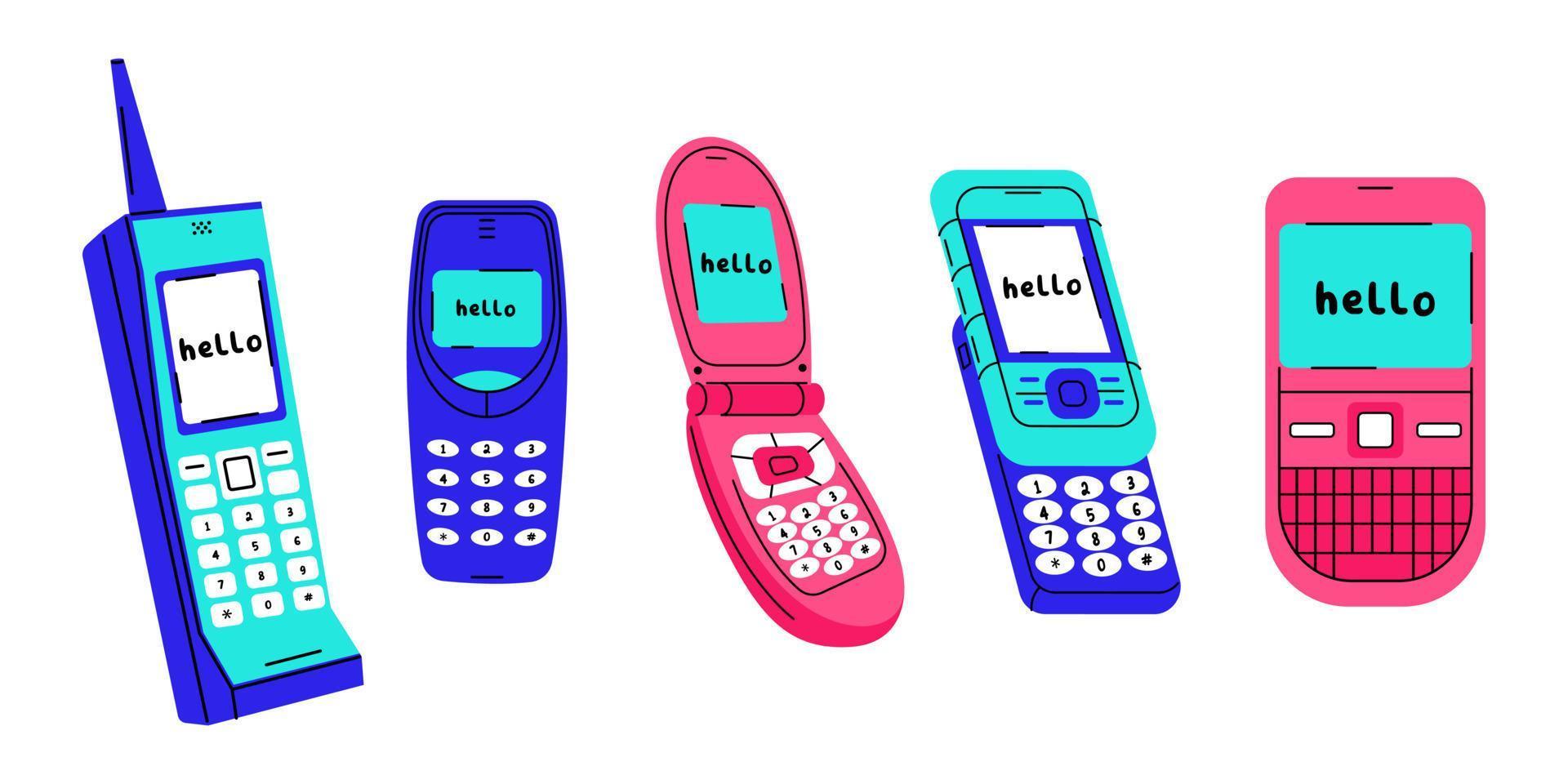 Set of retro phones with physical numeric keypads and retractable antennas. 1990s and 2000s mobiles. Flat vector illustration.