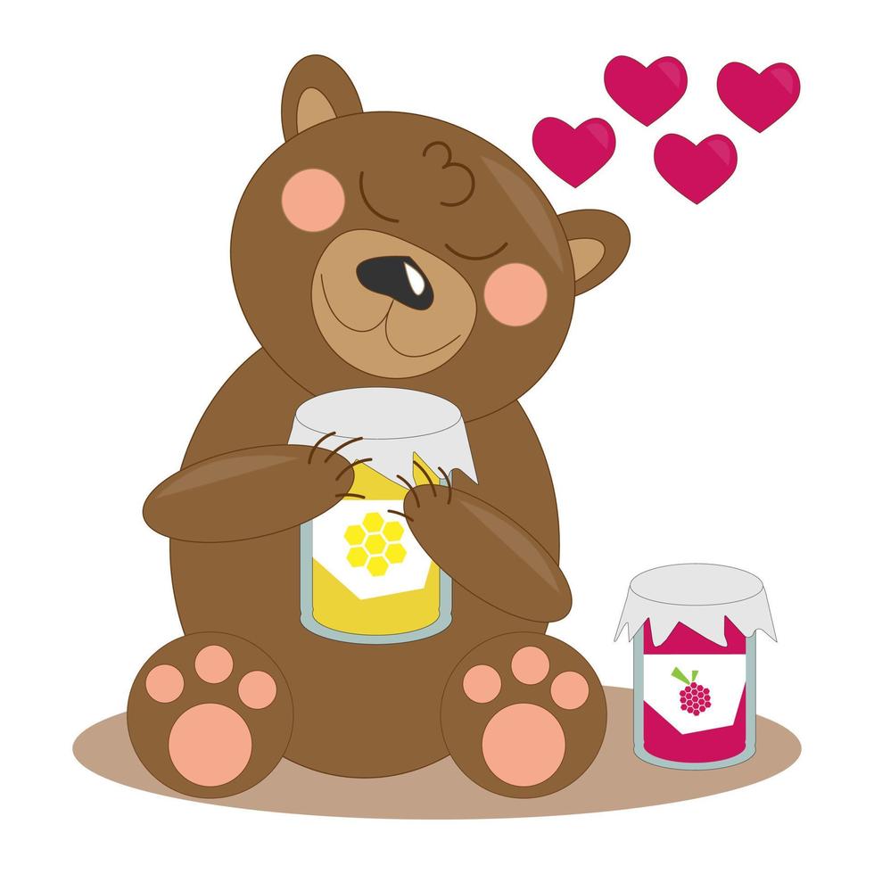 vector illustration brown cartoon teddy bear with jars of honey and raspberry jam