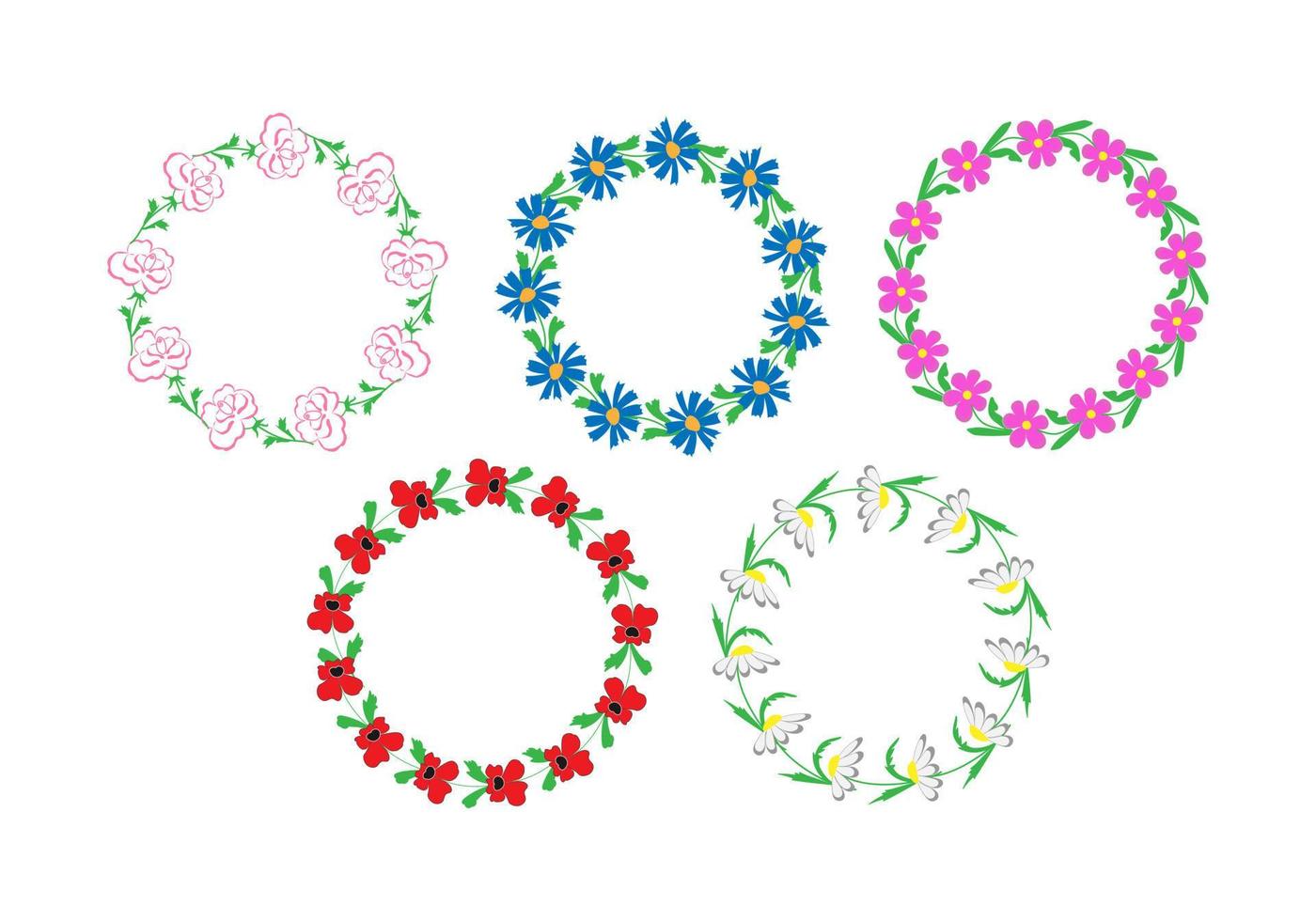 vector illustration set wreaths of summer flowers - rose, cornflower, kosmeya, poppy and chamomile - round frames with place for text