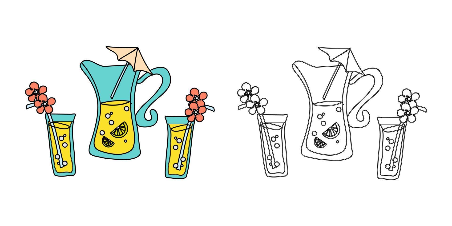 coloring book lemonade in a jug and glasses vector