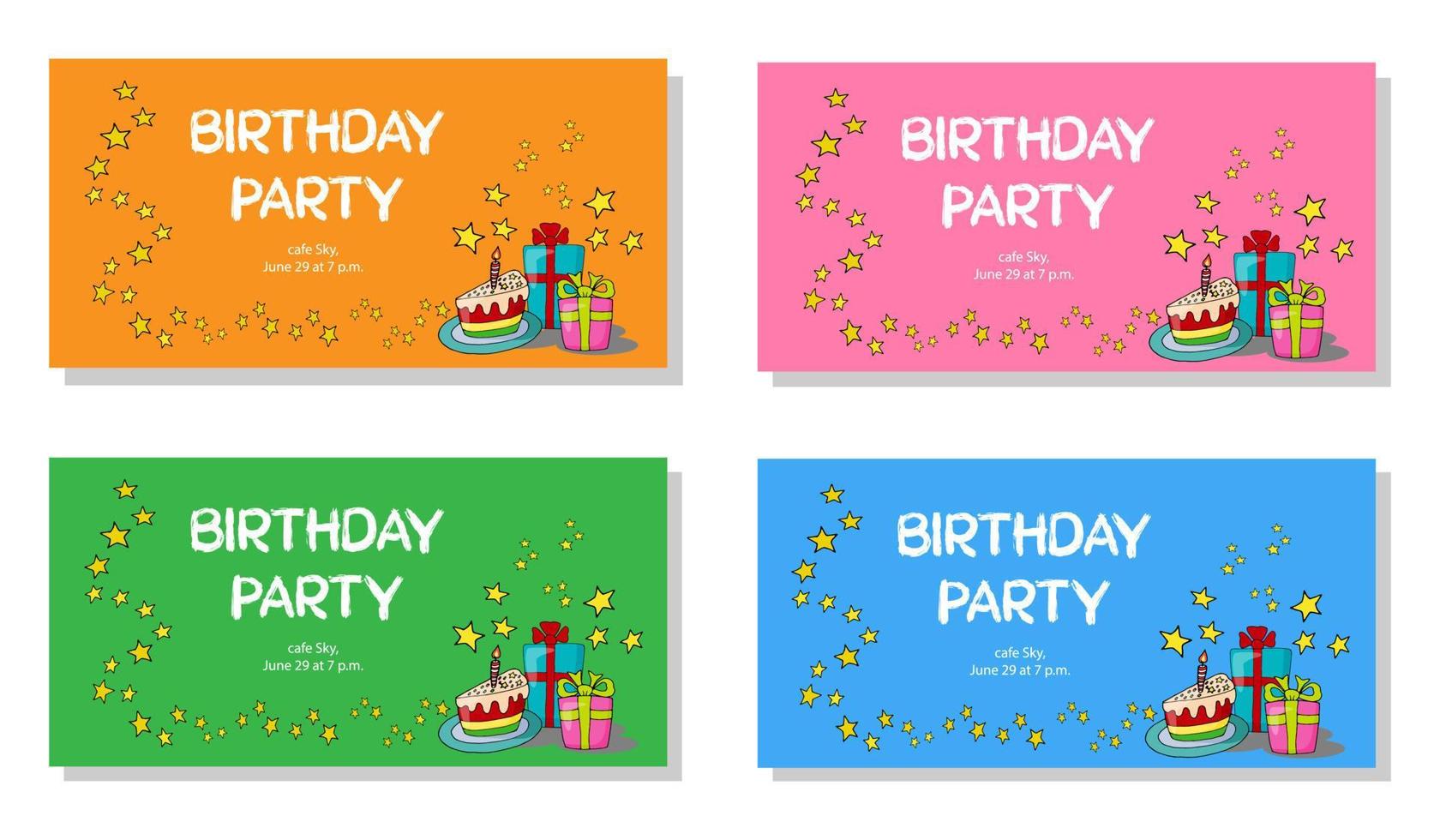 vector illustration set of an invitations to a birthday party - cake and gifts with a garland of stars on orange, pink, green and blue backgrounds