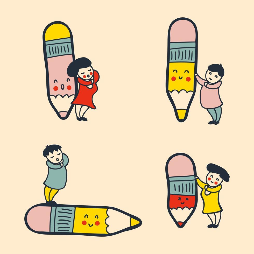 Cartoon standing people with a giant pencils collection. Drawing, writing, creating, design, blogging concept. vector